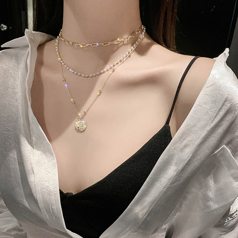 Portrait Round Pendant Bead Chain Necklace