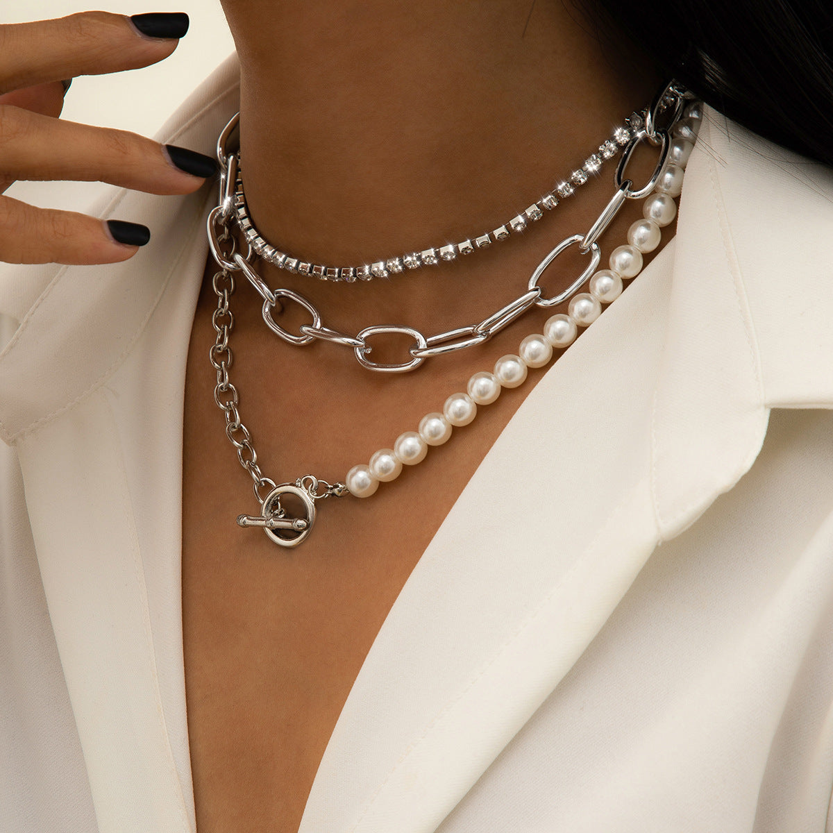 Round Bead Chain Retro Baroque Imitation Pearl Geometric Necklace