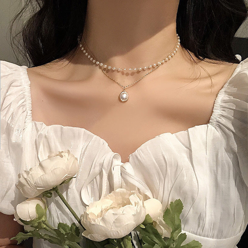 Pearl Layered Pendant Choker Necklace for Women