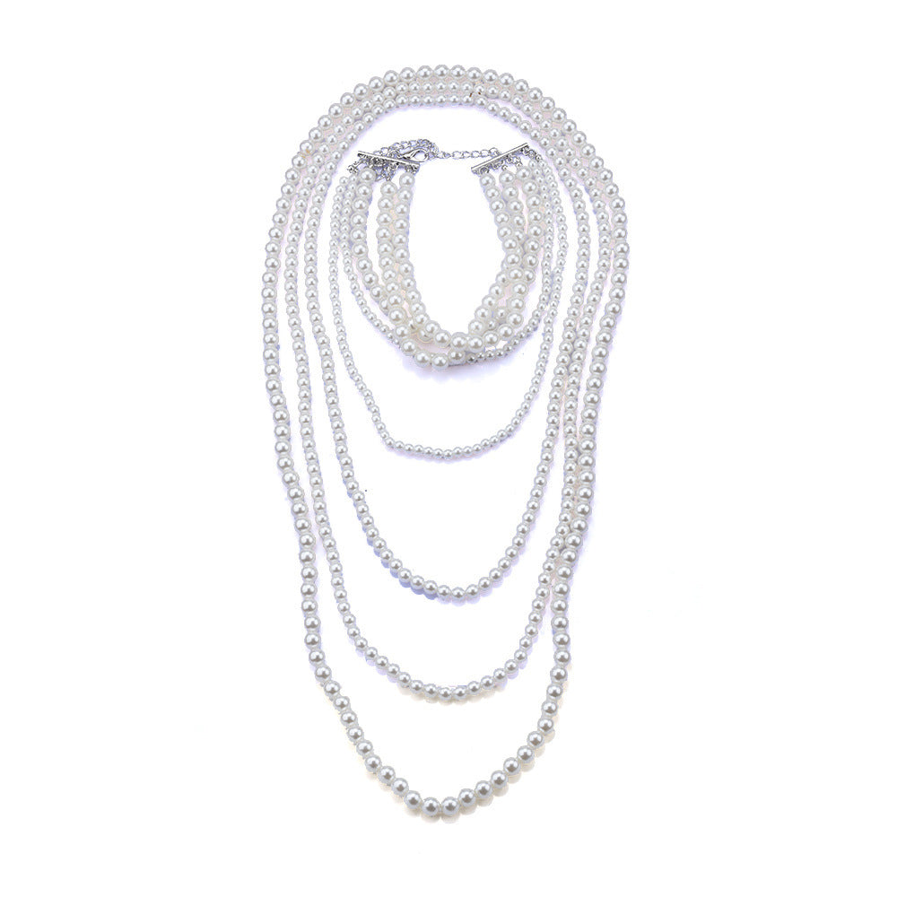 Multiple Long Beaded Vintage Collar Jewelry Imitation Pearl Baroque Style Necklace