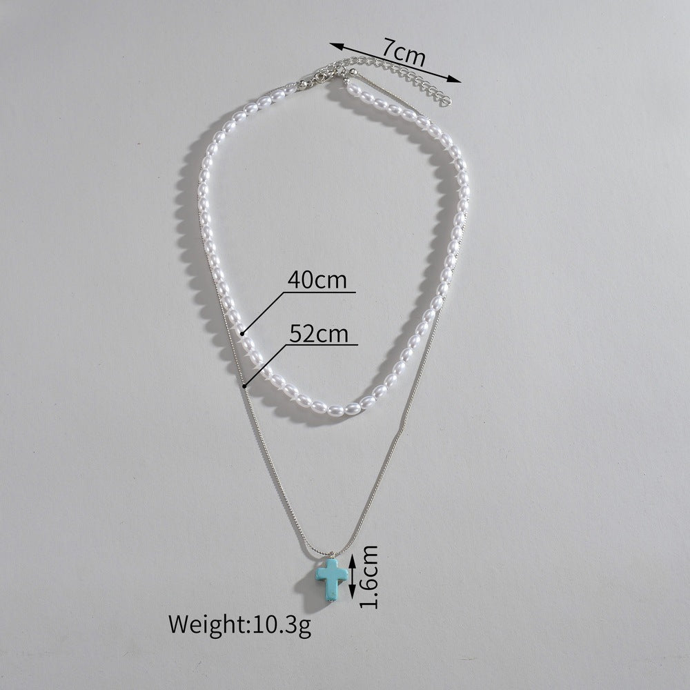 Turquoise Cross Pendant Stone Pearl Multi Layer Necklace