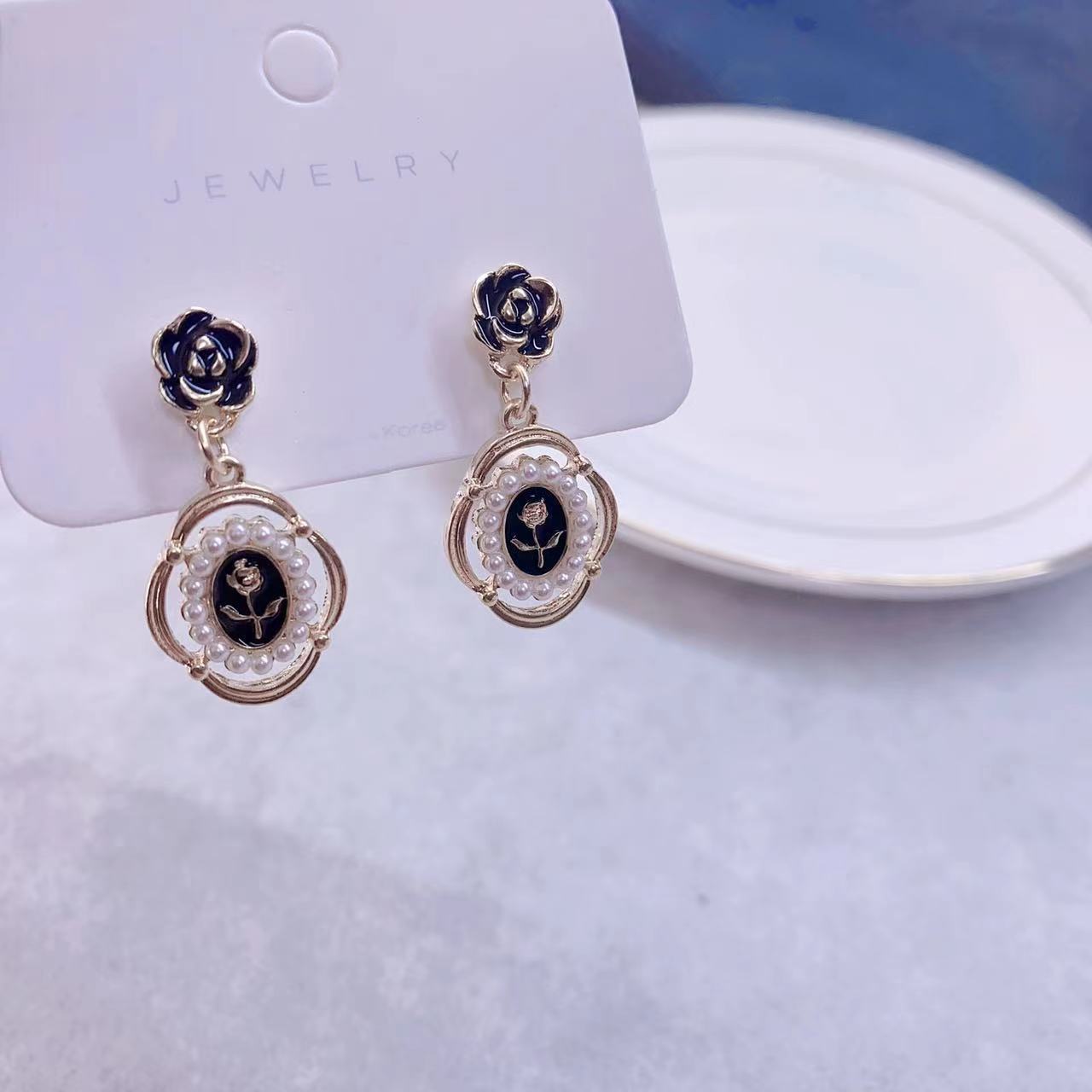 Enameled Pearl lower Beads Earrings