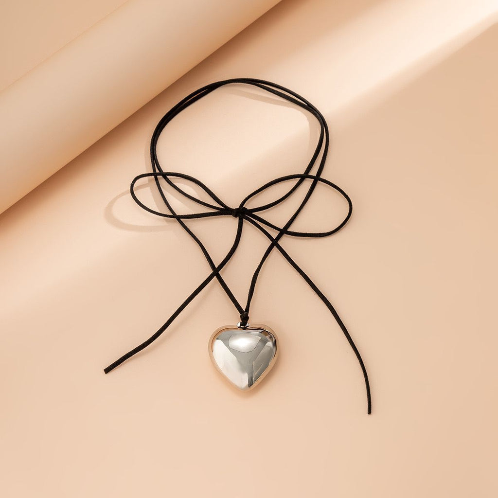 Elegant Goth Black Wax Line Love Heart Pendant Necklace