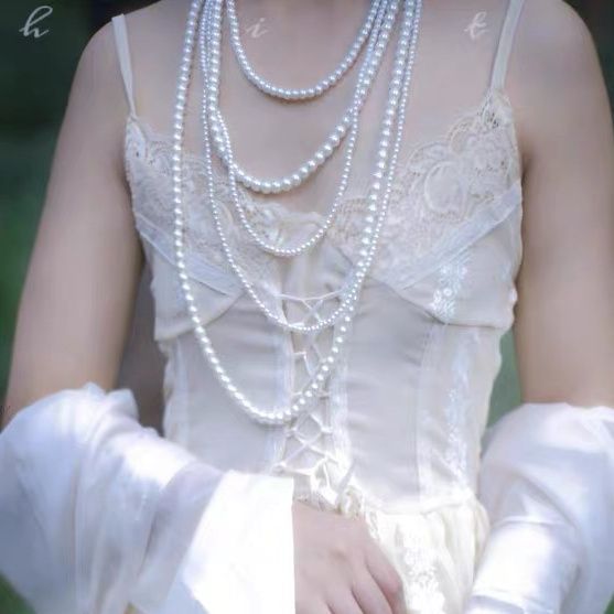 Multilayer Faux Pearl Necklace Long Sweater Chain Necklace for Women Girls Vintage Bridal Jewelry
