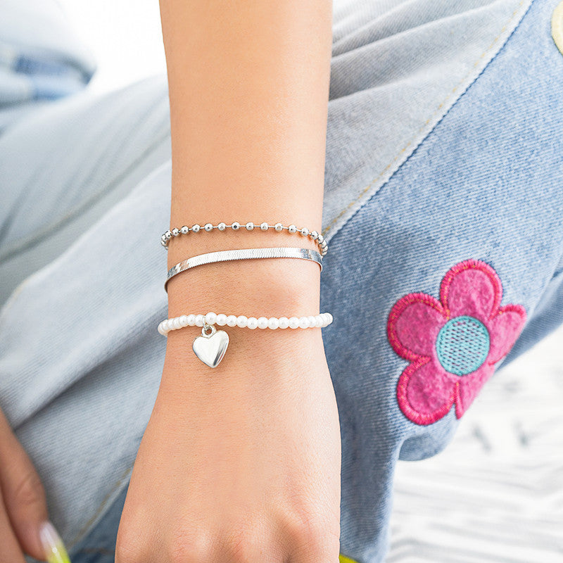 Heart Charms Pearl Beaded Bracelet Set