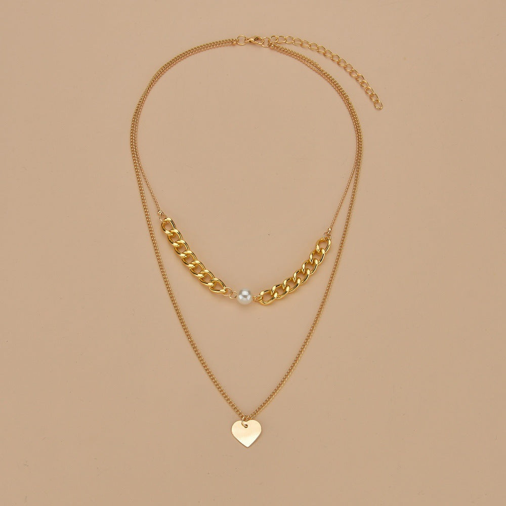 Double Layers Chain Heart Pearl Pendant Necklace