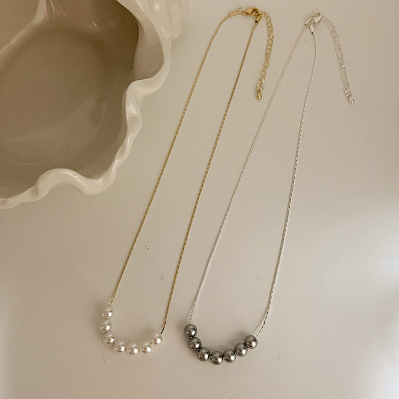 White Pearl Bead Necklace Chain Grey Beaded