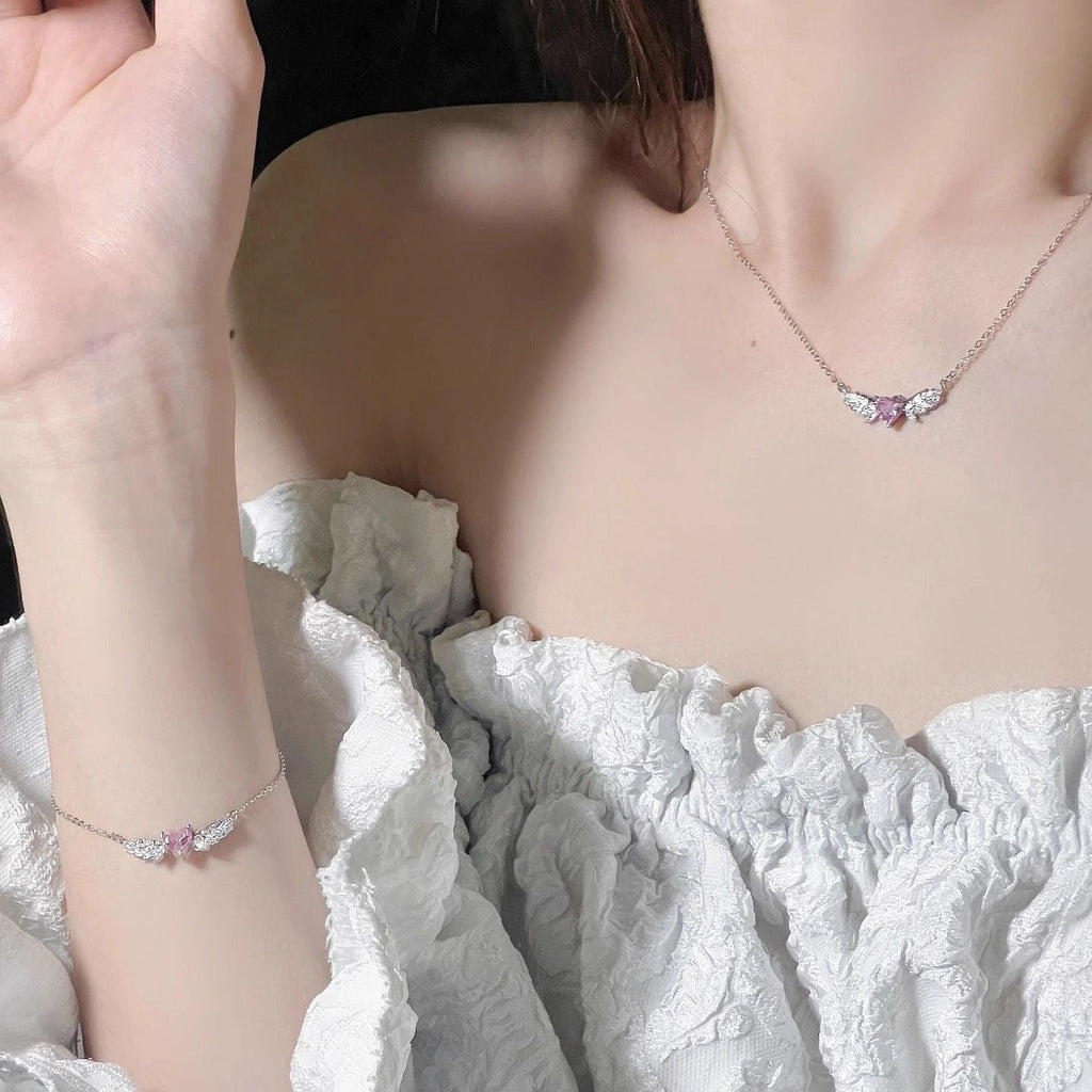 Pink Heart Angel Wings Necklace Bracelet