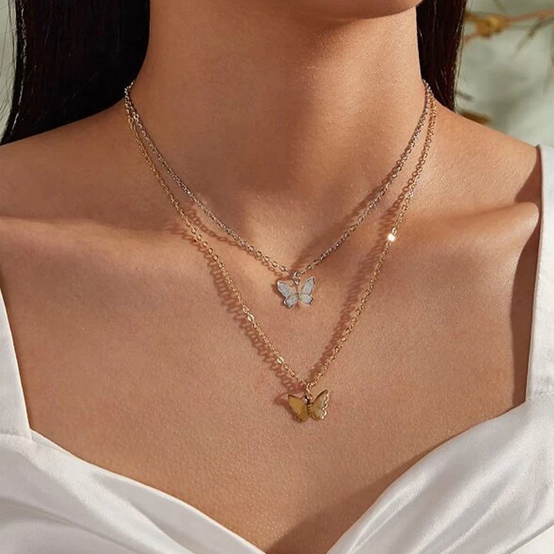 Double Layered Butterfly Pendant Multi Layered Necklace