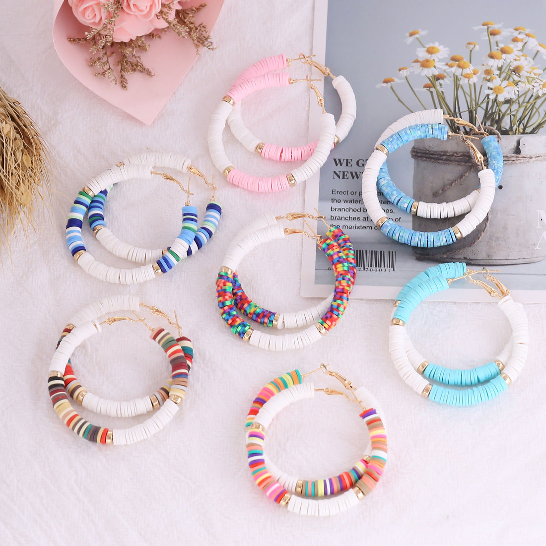 Bohemian Handmade Mix Color Plymer Clay Hoop Earrings