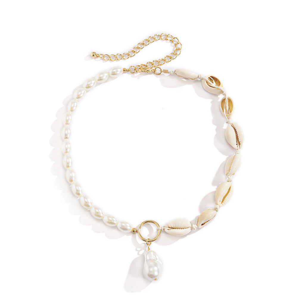 Beach White Irregular Baroque Pearl Pendant Shell Bead Necklace