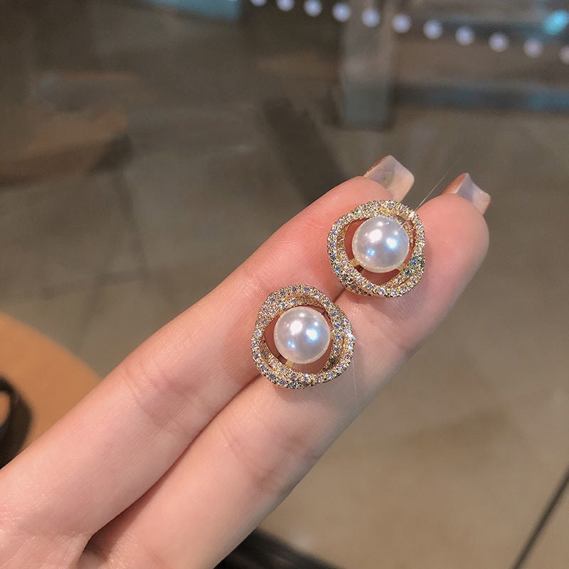 Round Crystal Rhinestone Pearl Stud Earrings