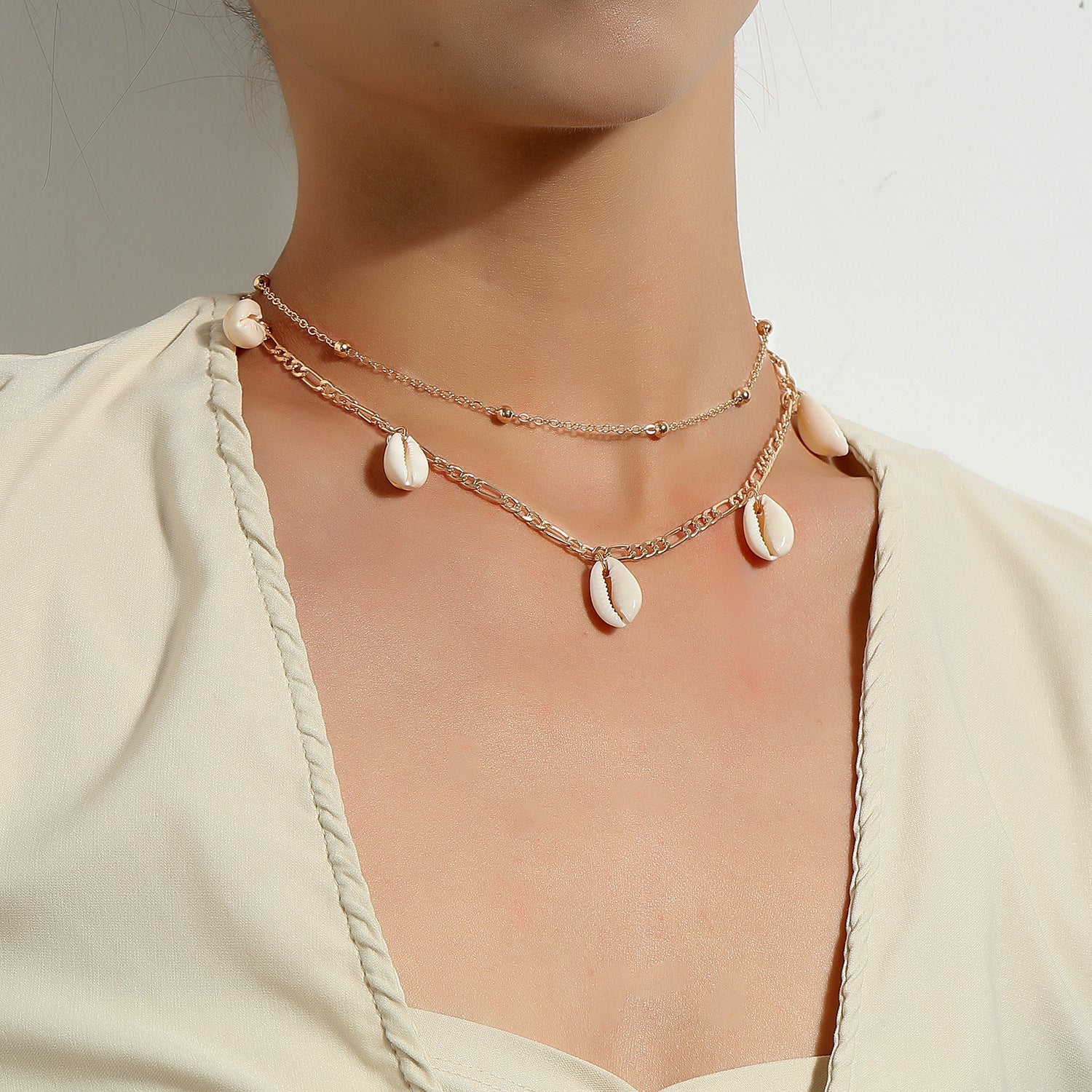 Sea Shell Pendant Bead Chain Choker Necklace