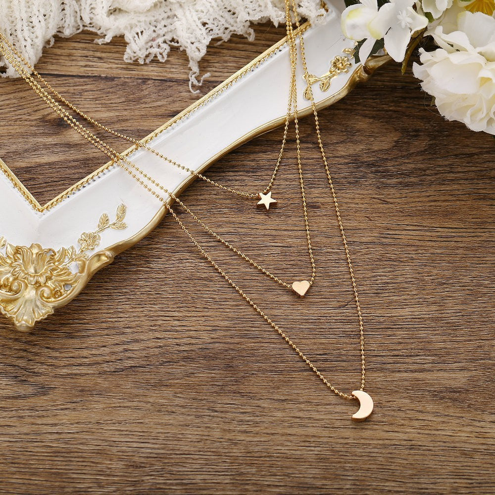 Chain Moon Star Heart Necklace Women Multi Layer