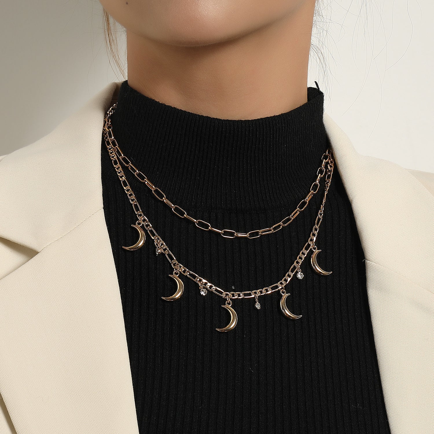Vintage Jewelry Multi Moon Charm Layered Chain Necklace