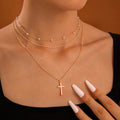Multi-Layer Chain Pearl Cross Necklace