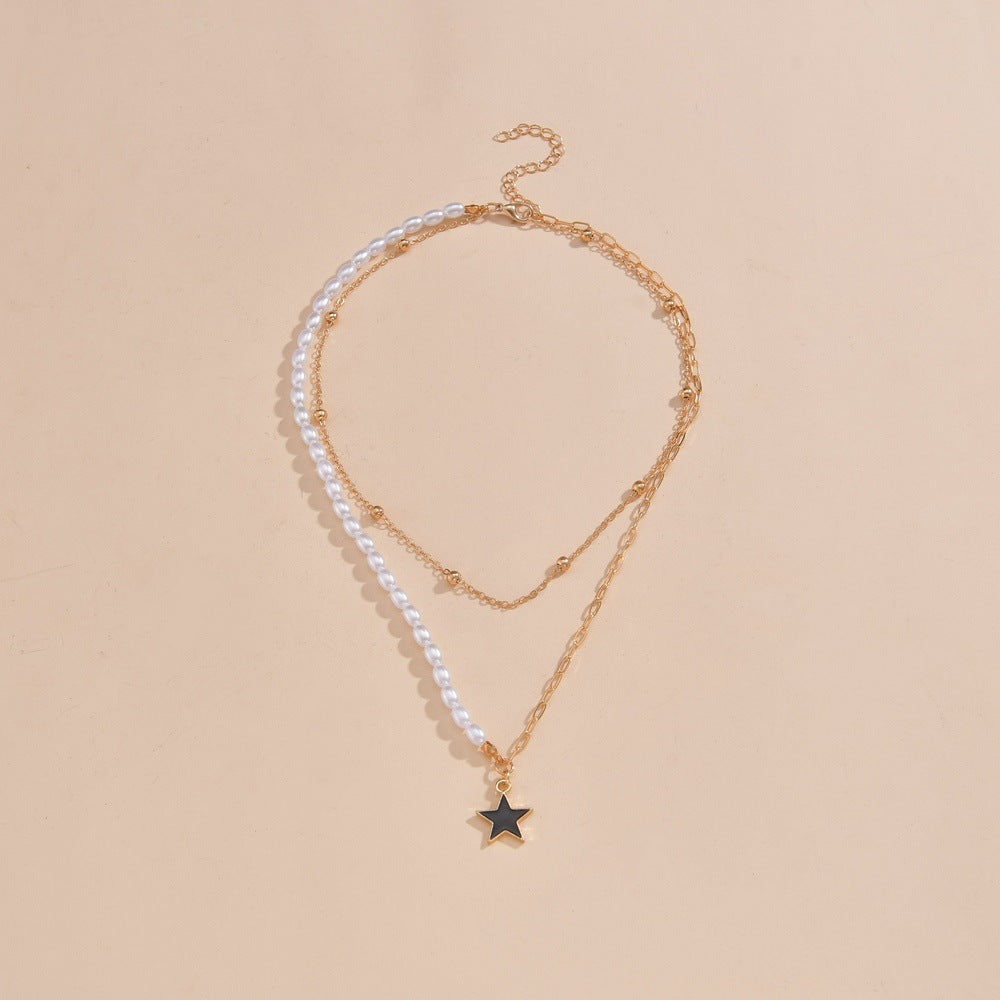 Double Layer Pearl Paperclip Chain Star Pendant Necklace Jewelry