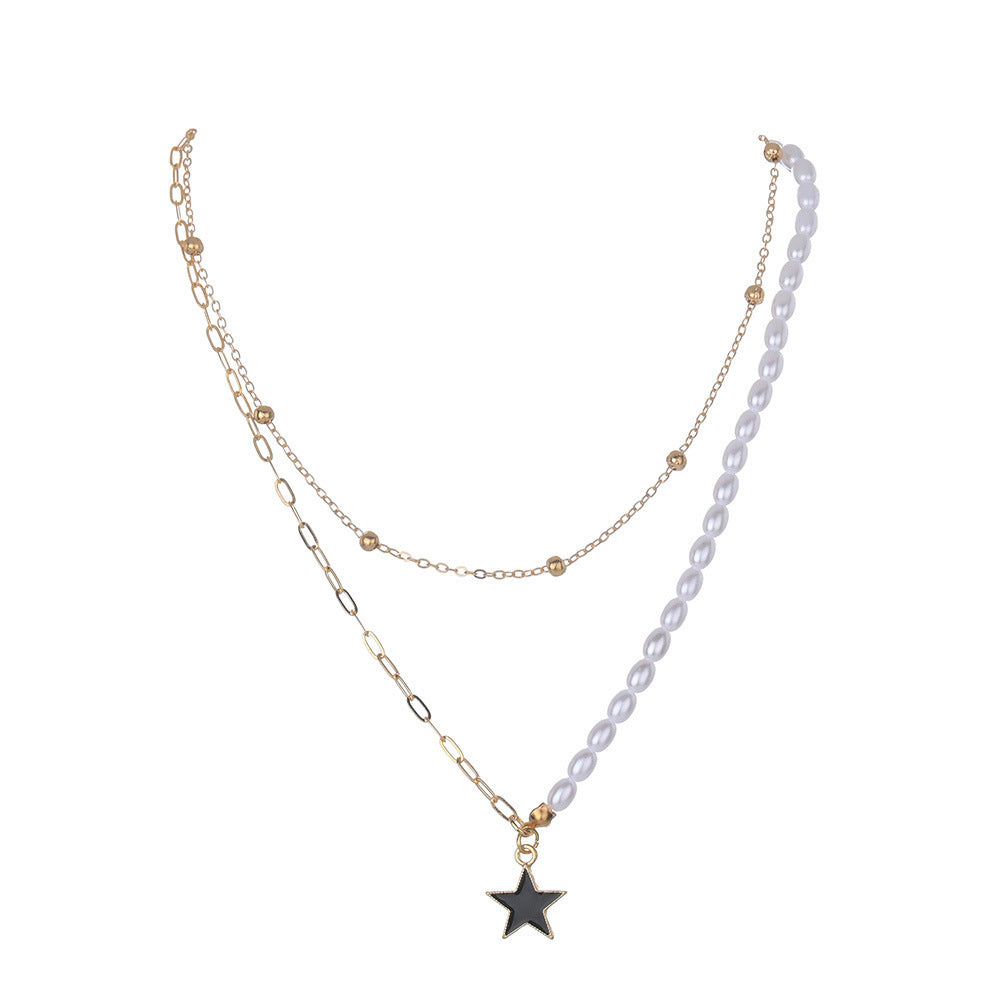 Double Layer Pearl Paperclip Chain Star Pendant Necklace Jewelry