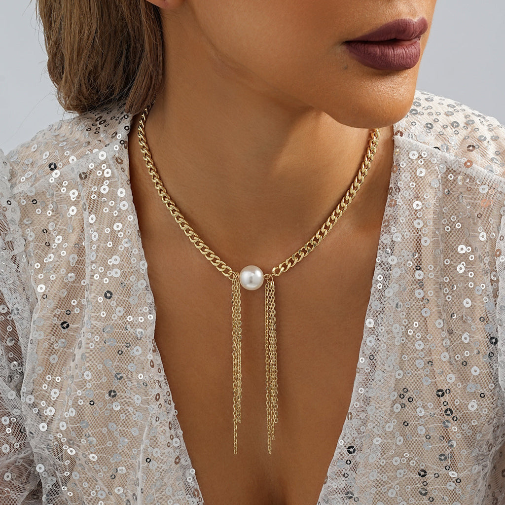 Cuban Link Chain Pearl Charm Necklace