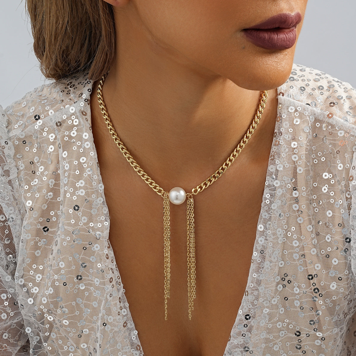 Cuban Link Chain Pearl Charm Necklace