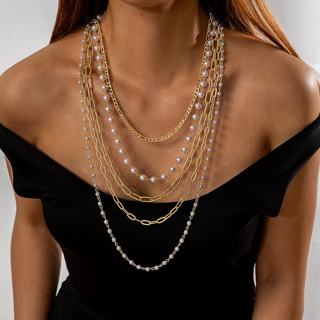 Layer Pearl Necklace Long Chain Necklace