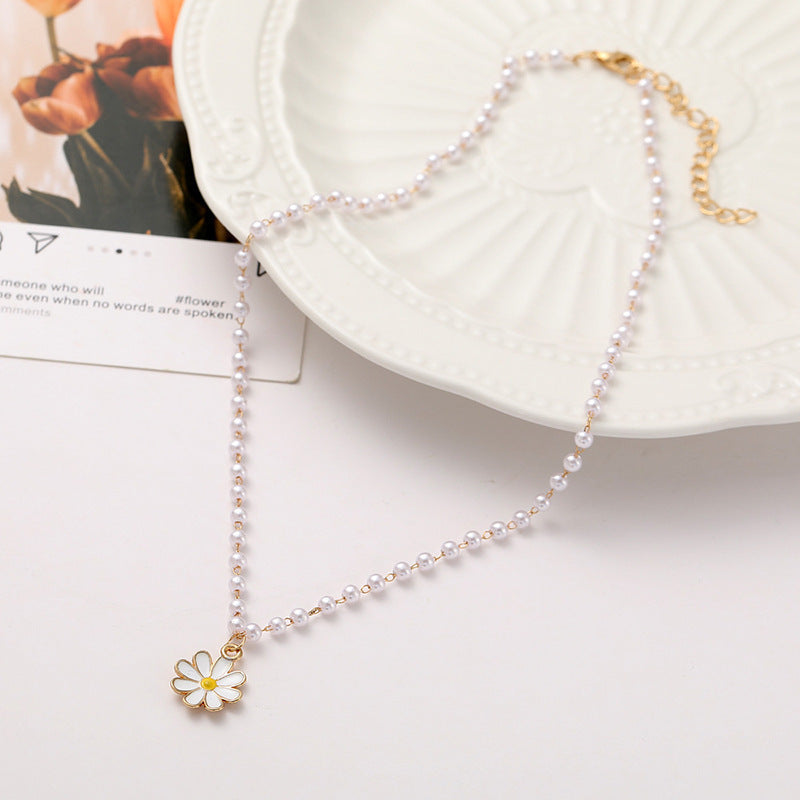 Enamel Flower Necklace Pearl Daisy Pendant