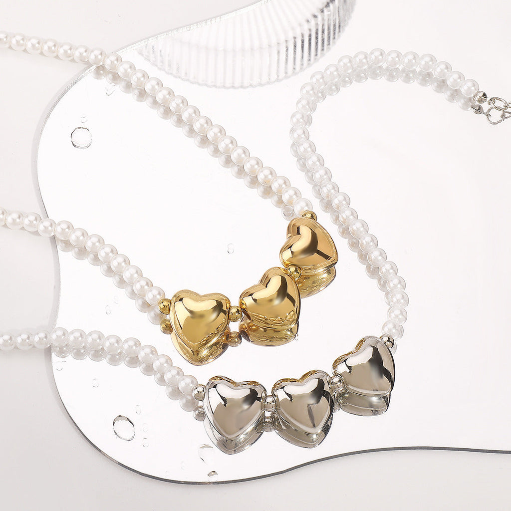 Pearl Beaded Necklace love Pendant
