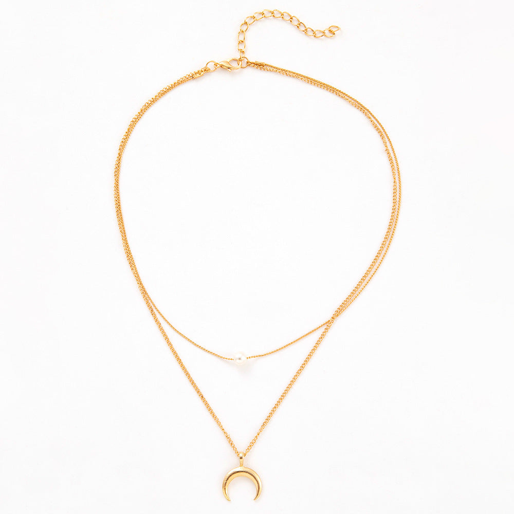 Double Layer Crescent Pearl Pendant Necklace