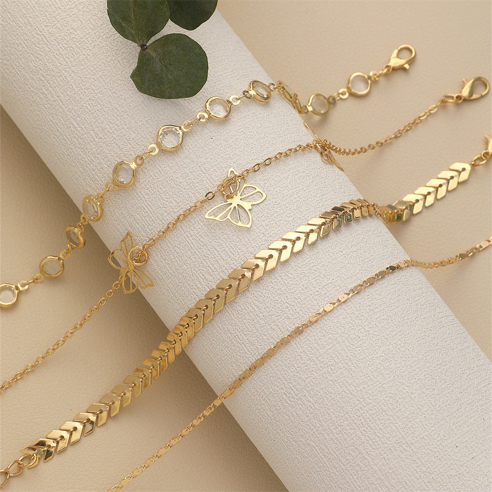 Rhinestone Butterfly Anklet Set Multi Layer Women Summer Beach Anklet Jewelry