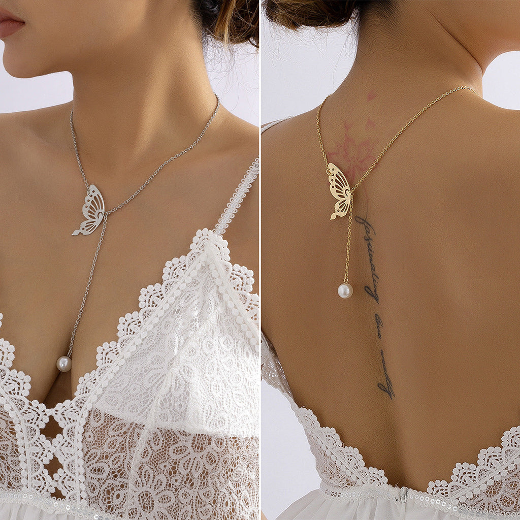 Hollow Butterfly Imitation Pearl Necklace