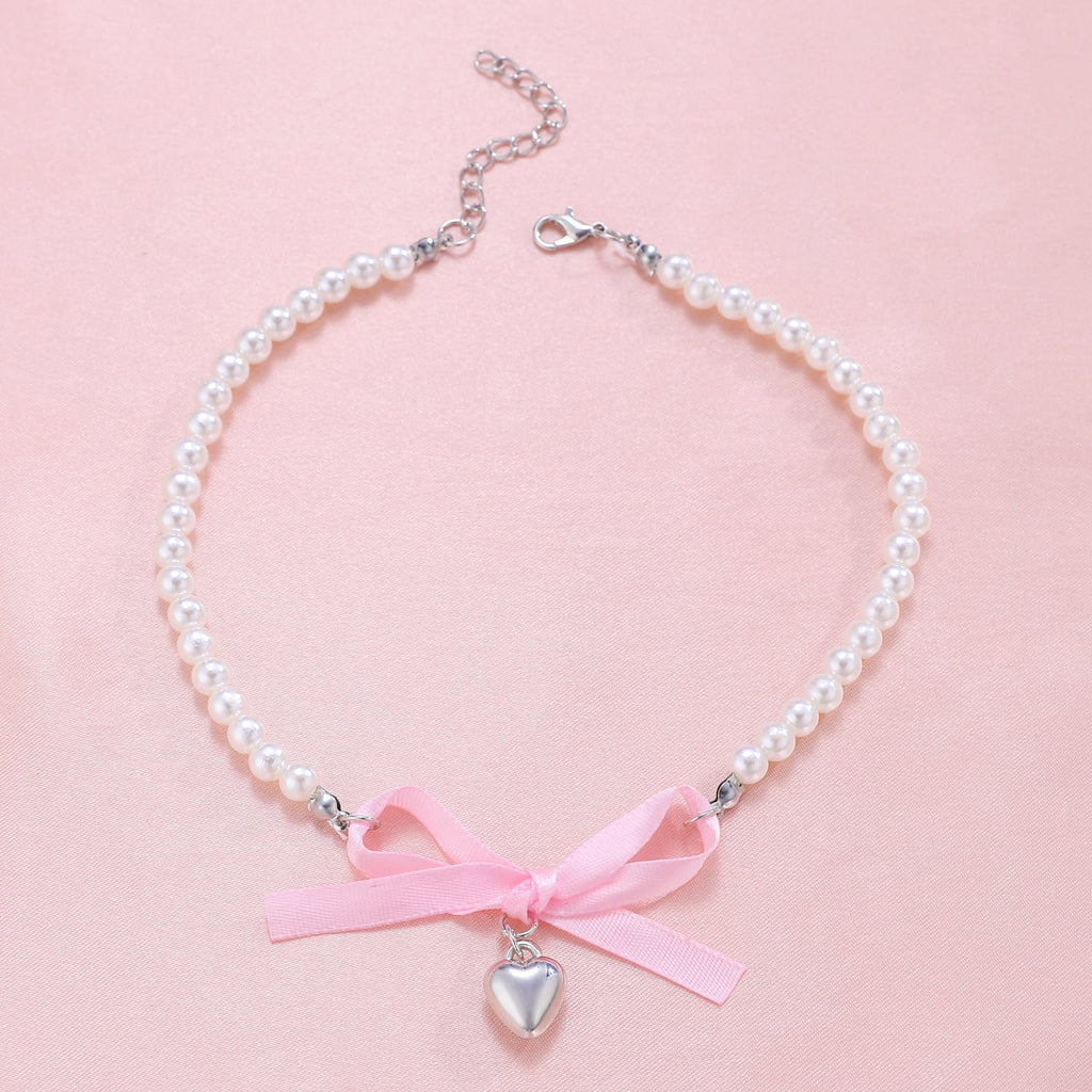 Romantic pink love Bow Pearl Necklace