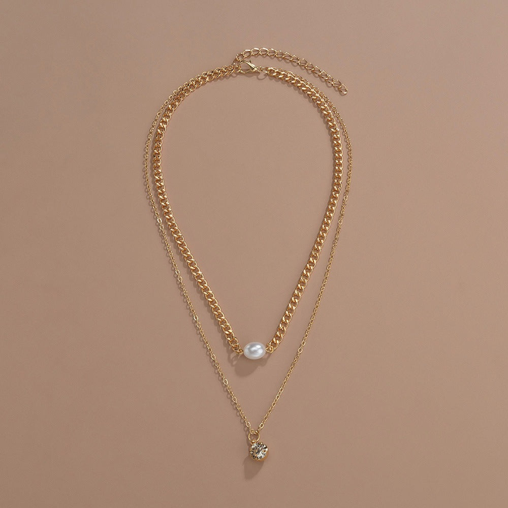 Rhinestone Pearl Round Double Layer Necklace