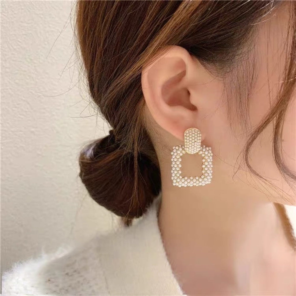 Geometric Pearl Square Dangle Earrings