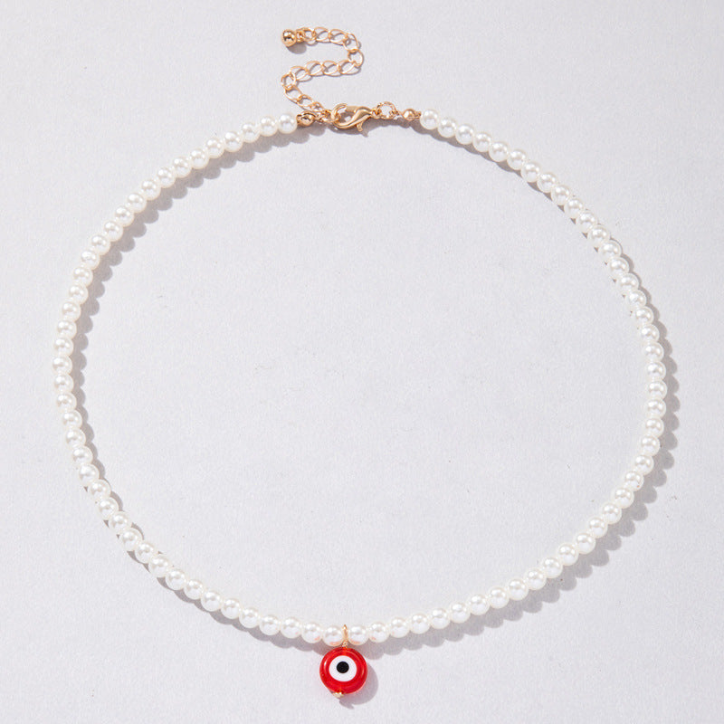 Blue Eyed Beads Pendant Women Pearl Necklace Simple Short Collar