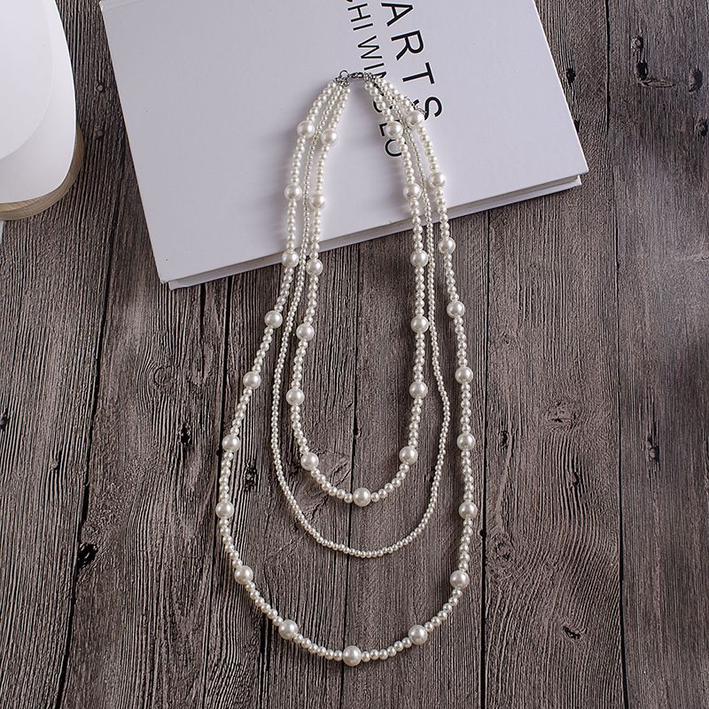 Round Glass Pearl Layer Necklace Vintage Beaded Sweater Chain