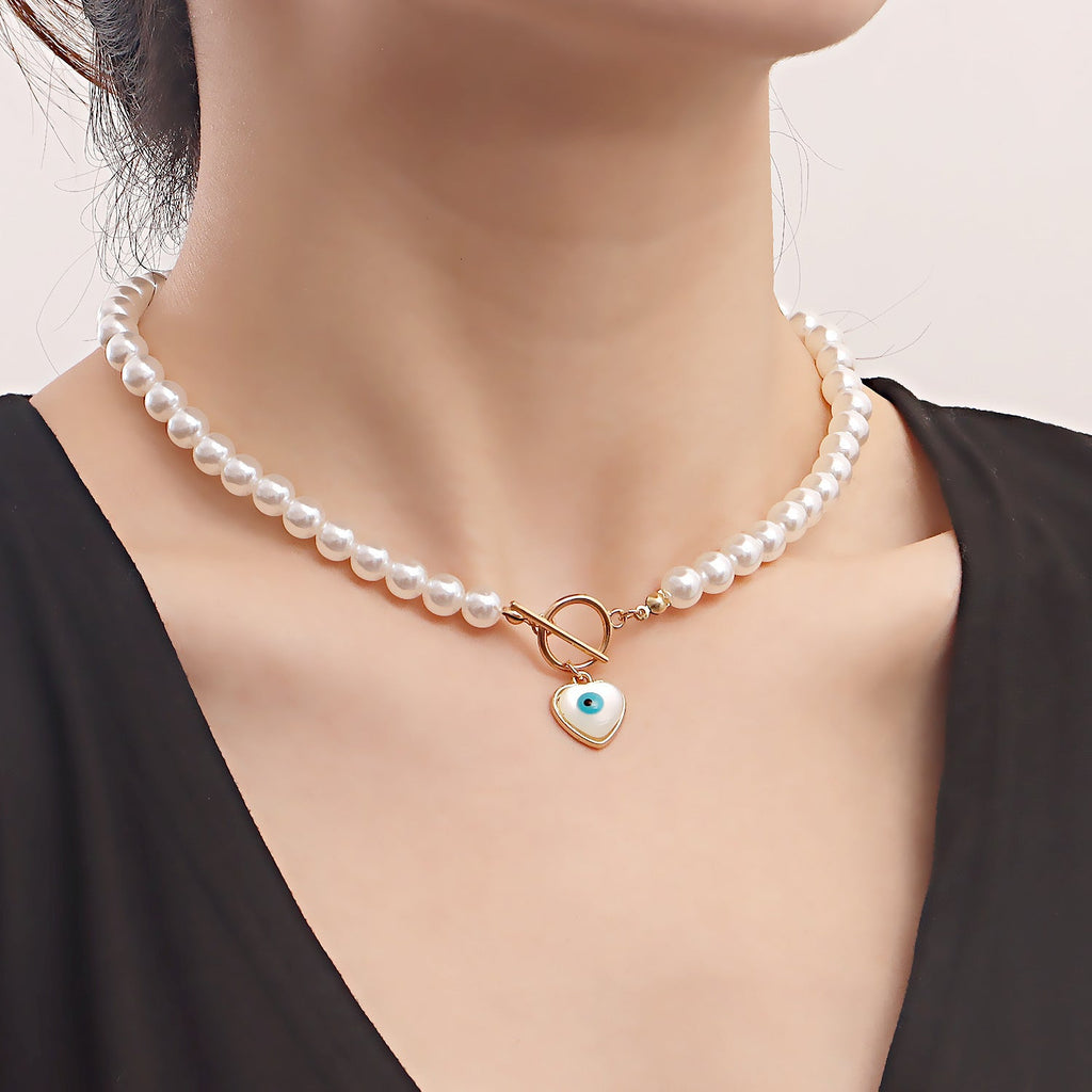 Pearl Beads Chain Necklace Blue Turquoise Heart Pendant Choker