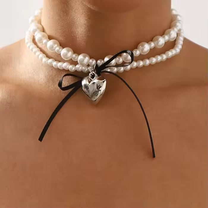 Goth Black Ribbon Bow Heart Pendant Necklace